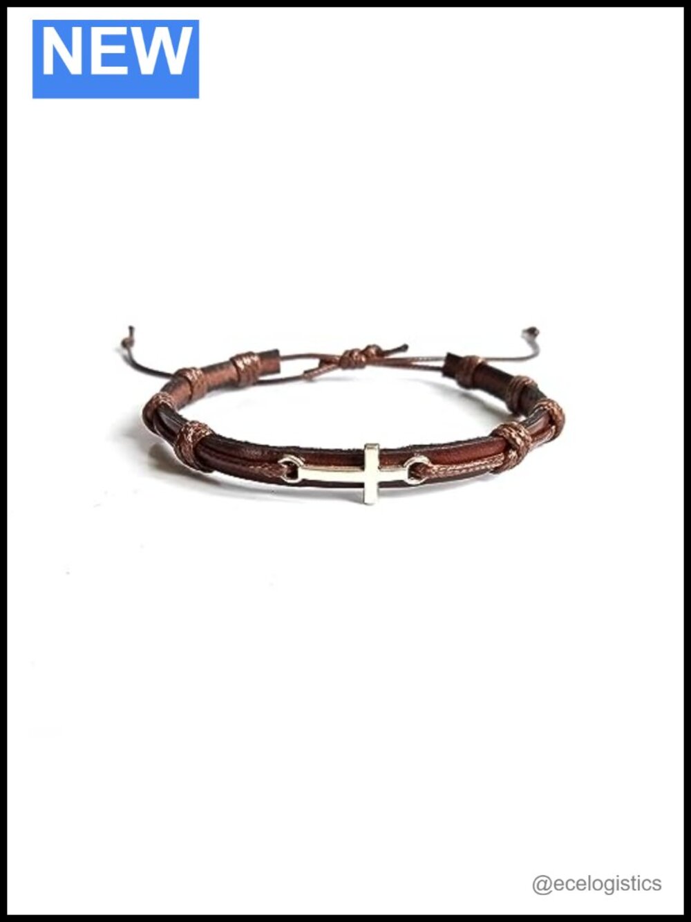Genuine Leather Bracelet with Silver Cross Adjustable Unisex Handmade